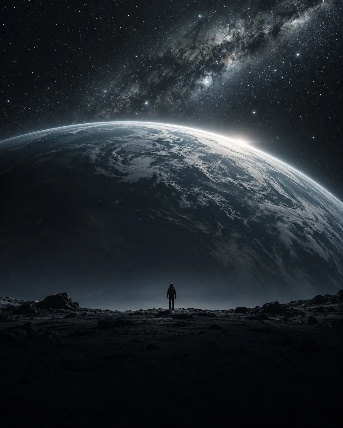一人在广阔的星空与星球地平线前